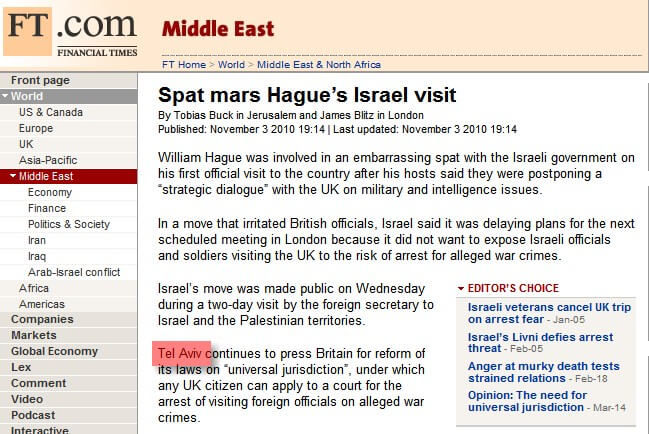 Financial Times Unilaterally Decides on Israel’s Capital