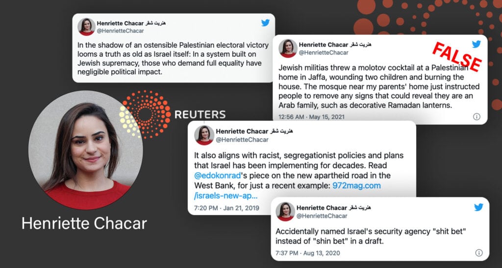 Reporting for Reuters: Henriette Chacar, Who Stated Israel Practices ‘Apartheid’ and Is ‘Built on Jewish Supremacy’