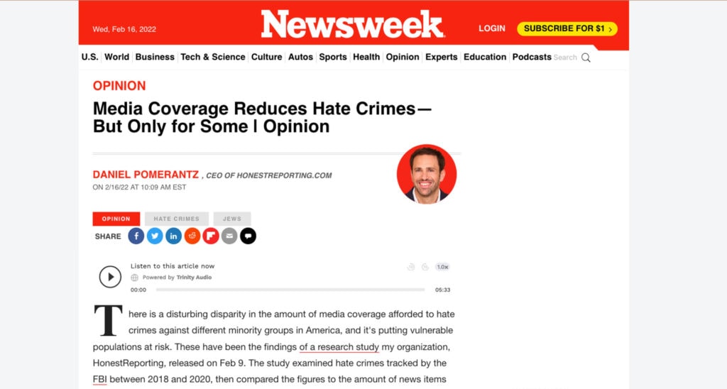 CEO Daniel Pomerantz in Newsweek: HonestReporting Study Shows US Media Underreports Hate Crimes Against Jews