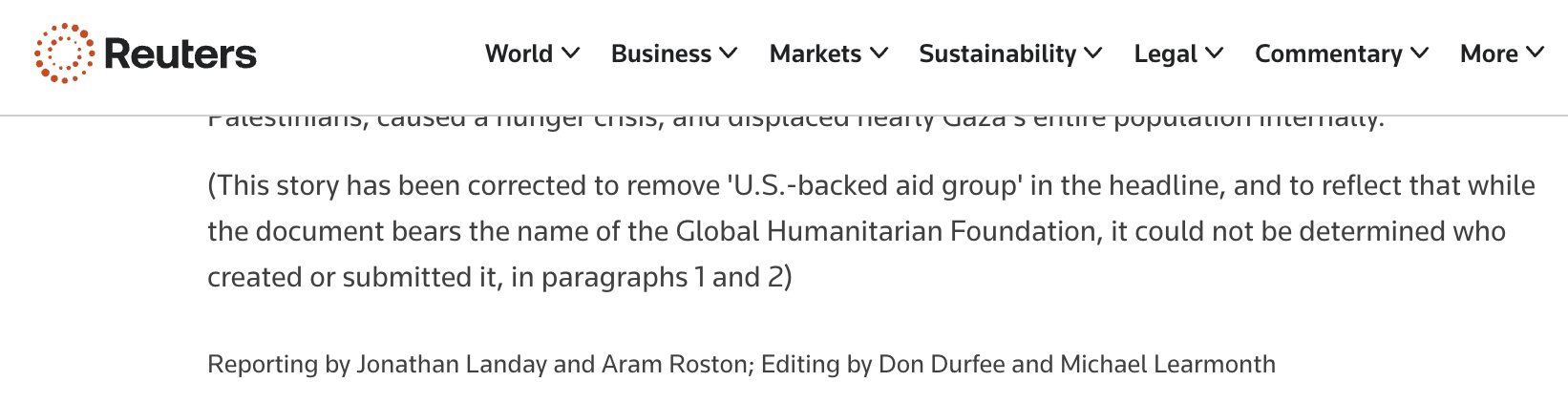 Reuters Gaza Humanitarian Foundation correction 