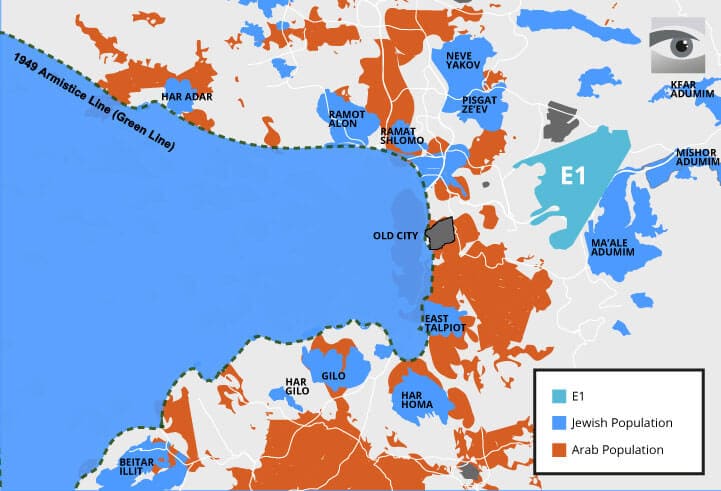 The 1949 armistice line divides Jerusalem in two. The international community does not recognize Israeli sovereignty over E1