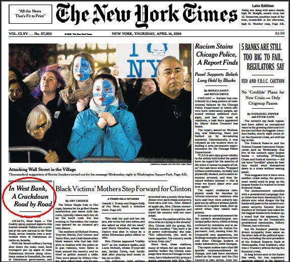Front page of New York Times, April 14, 2016
