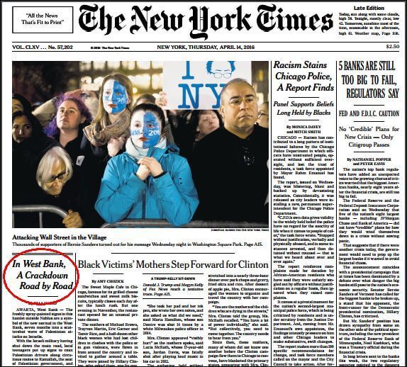 Front page of New York Times, April 14, 2016