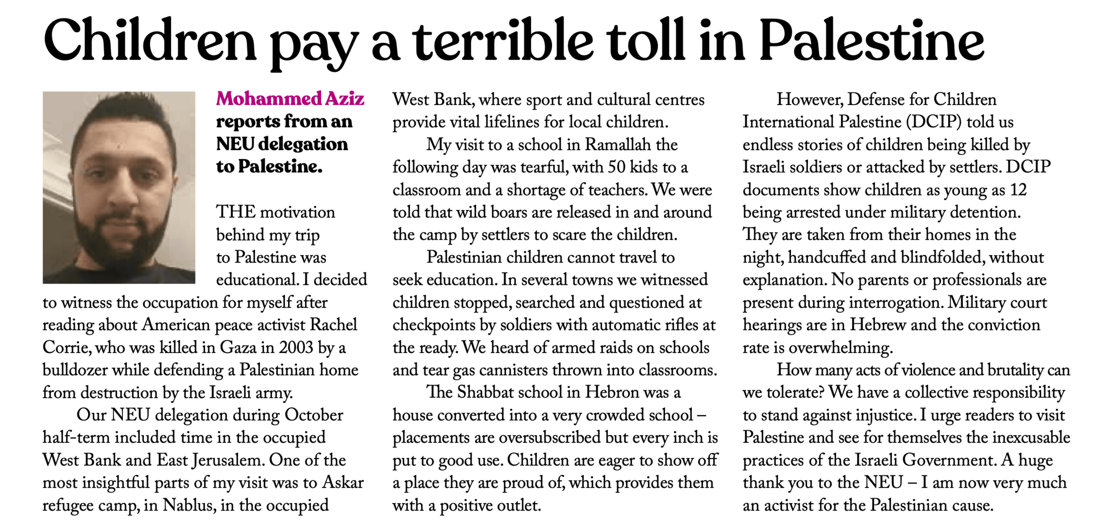 'Children pay a terrible toll in Palestine'